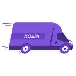 Illustratie van een paarse Inbox Storage bus die mobiele opslag aan huis levert