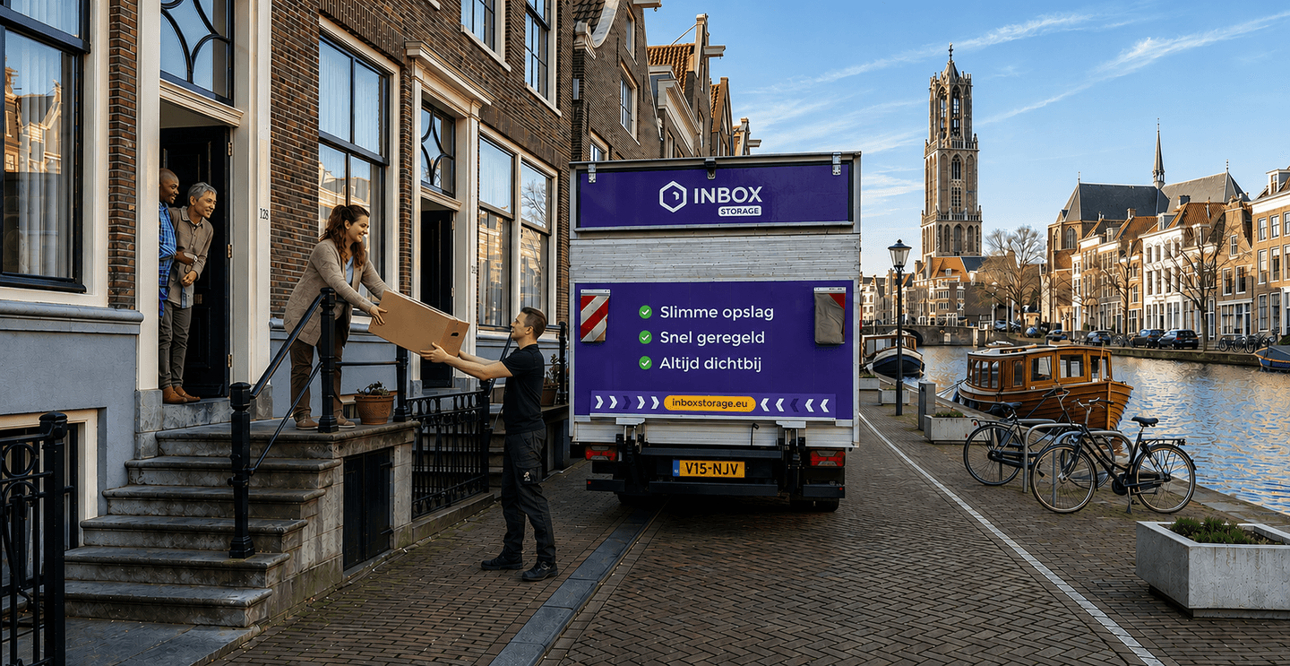 Inbox Storage team naast bakwagen met mobiele opslagunit